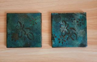 Set of 2 Square Green/Blue Ceramic Coasters - 4x4